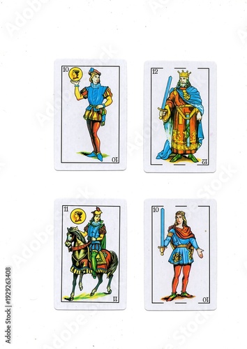 Traditional vintage Spanish playing cards isolated on a white background.