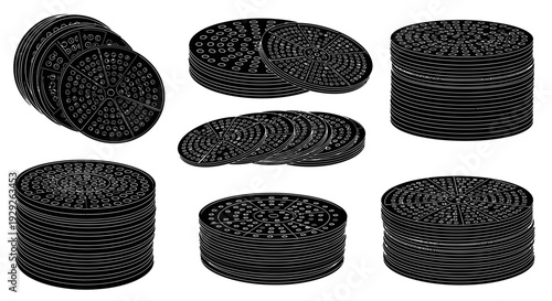 Stacks of black woven coasters in various sizes and arrangements on white background for home decor and table protection