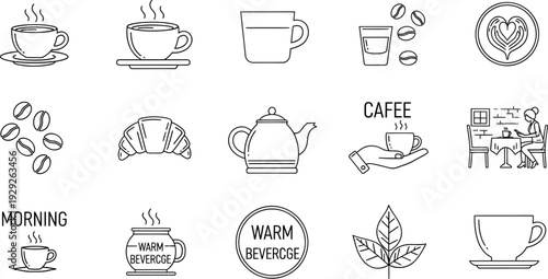 Set of 15 Coffee and Tea Line Art Icons Vector