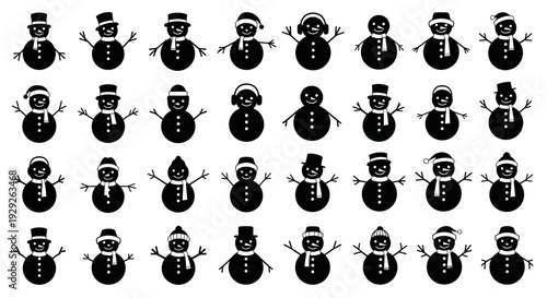 Black silhouette snowman icons in various poses and hats on white background for winter or christmas design