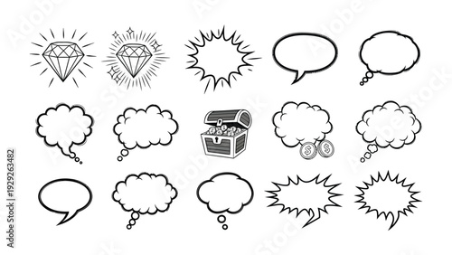 Comic Element Collection: An assembly of playful comic elements including dialogue bubbles, glimmering diamonds, and a treasure chest.