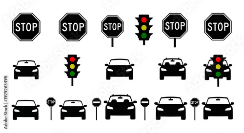 Road traffic signs and cars icons set stop signs traffic lights transportation symbols