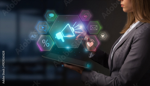 Businesswoman Using Tablet with Digital Marketing and Social Media Campaign Icons Interface