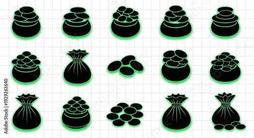 Collection of black money bags with coins on a grid background symbolizing wealth and finance