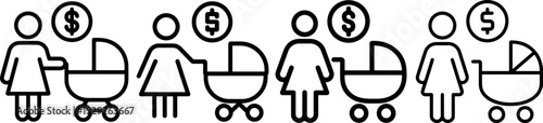Nanny service icon set showing professional female babysitter pushing stroller with money symbol representing child care costs and paid parenting support