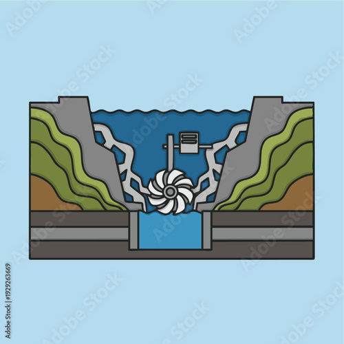 Hydroelectric Dam Turbine in Cross Section with Water Flow and Green Landscapes in Simple Flat Design for Energy Production