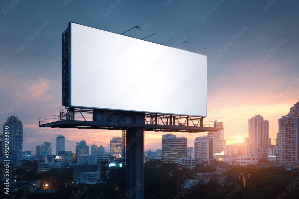 Fototapeta premium Giant Blank Billboard Stands Tall Over a Bustling Cityscape at Sunset With Vibrant Colors in the Background