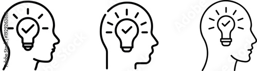 Human profile with light bulb and check mark inside head representing successful idea generation and mental clarity for creative problem solving tasks