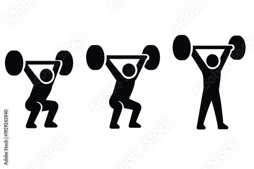 three hand drawn black weightlifting figures performing overhead squat exercise in silhouette style