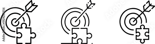 Target with arrow and puzzle piece icon representing strategic solution and finding right fit to achieve business goals and marketing objectives fast