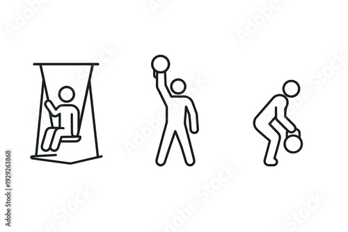set of hand drawn line art icons of person on swing and exercising with kettlebells in different poses