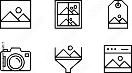 Set of Minimalist Photography Icons with Mountains and Camera