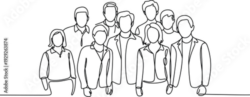 Minimalist continuous line drawing of diverse group of ten people standing together, symbolizing teamwork, unity, community, collaboration, diversity
