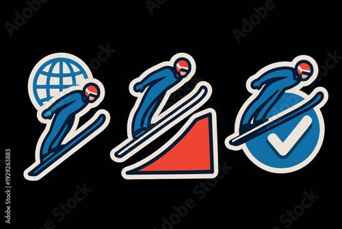 set of three hand drawn ski jumping icons with globe ramp and check mark in modern flat style