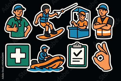 Set of water sports safety icons with hand drawn style featuring wakeboarding, boat driver, safety vest worker and medical aid symbol