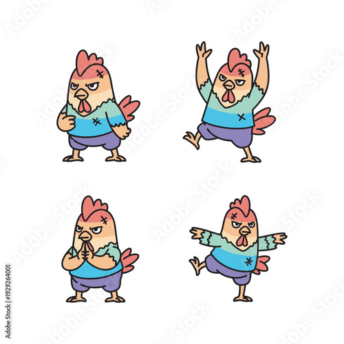 Cartoon chicken character showing different emotions and gestures with vibrant expressions
