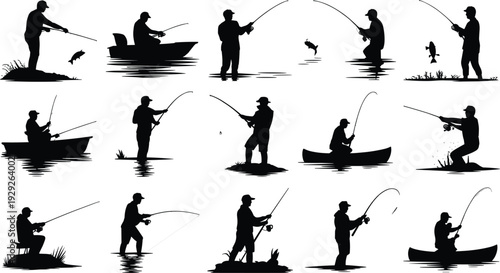 Fishing silhouettes collection with diverse poses, recreational angling design, outdoor lifestyle illustration, nature activity concept, sport fishing art series