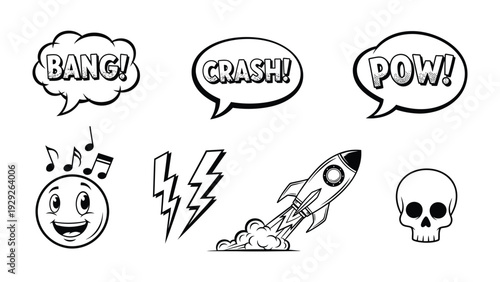 Comic Illustration Collection: A dynamic collection of comic book style illustrations including various action exclamations, and fun characters and icons. perfect design resources
