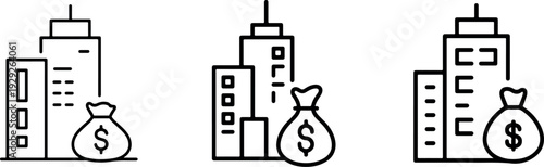 Urban landscape with buildings and a money bag, symbolizing real estate investment, property wealth, and city finance growth