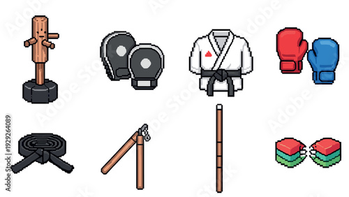 pixel art martial arts and boxing equipment set with wooden dummy gloves gi belt and training tools in 8 bit style