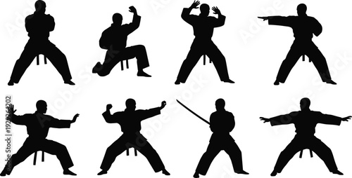 Martial arts silhouette, karate kung fu poses, weapon training icon, combat stance illustration, fighting technique vector, discipline motif, warrior graphic design