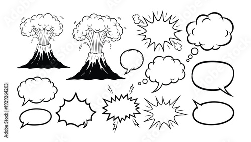 Explosive Ideas: A dynamic illustration showcases cartoon explosions and various speech bubbles, perfect for visual storytelling and creative expression.