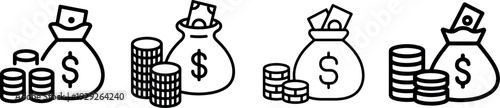 Various money bags and coin stacks with dollar signs, symbolizing savings, income, and financial assets, on transparent background