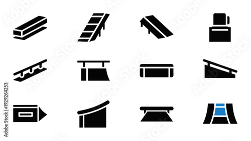black and white skate park obstacles icon set hand drawn style with ramp grind rail and ledge elements