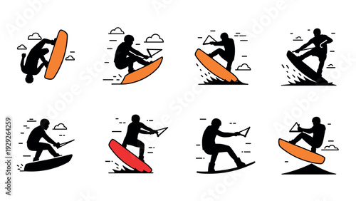 set of hand drawn wakeboarding silhouettes with colorful boards and dynamic water sport poses