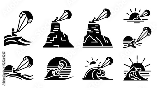 kitesurfing icons set with hand drawn style wave sunset mountain and water sport elements