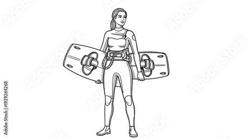 young woman holding kiteboard wearing wetsuit hand drawn black and white line art