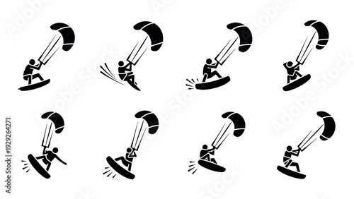kitesurfing silhouette icons set hand drawn black and white kite surfing collection