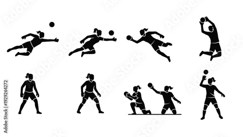 set of female volleyball players in various action poses black silhouette hand drawn style for sports design