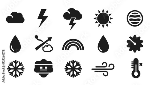 weather and climate black silhouette icons set with clouds sun rain snow and wind symbols in flat style