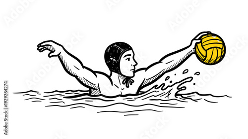 water polo player throwing ball hand drawn black and white sports illustration