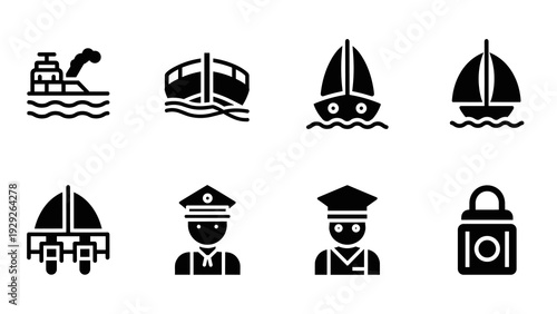 set of black silhouette marine ship captain and boat icons in minimalist style