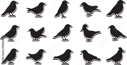 Set of 15 Black Bird Silhouettes Vector isolated PNG with Transparent Background