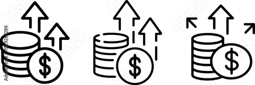 Stock market growth icon set featuring stacked dollar coins with upward arrows symbolizing financial success investment increase and wealth accumulation