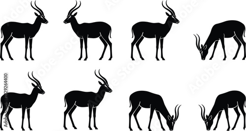 Antelope silhouettes set, standing and grazing gazelle collection, African wildlife animal vector icons isolated, savanna mammal illustration for nature, safari, conservation and wildlife design