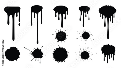 Collection of black paint drips and ink splatters in various shapes and sizes on a white background for design projects.