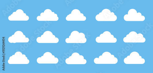 Set of white cloud shapes vector isolated on sky blue background, abstract cloud icon collection.
