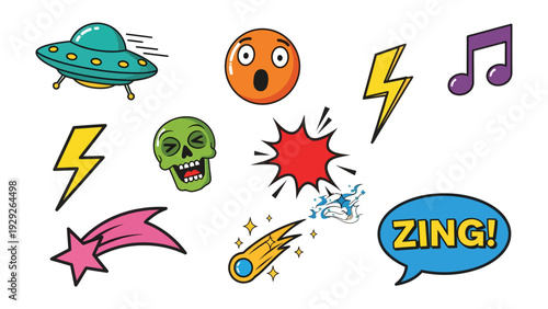 Comic Book Elements: A vibrant collage of dynamic illustrations explodes with the energy of a comic book, featuring flying saucers, expressions, musical notes, lightning bolts, shooting stars.