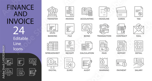 Finance and Invoice line icon set. Contains symbols for banking, accounting, tax, and payment management. Editable vector design for business presentations and financial workflow.
