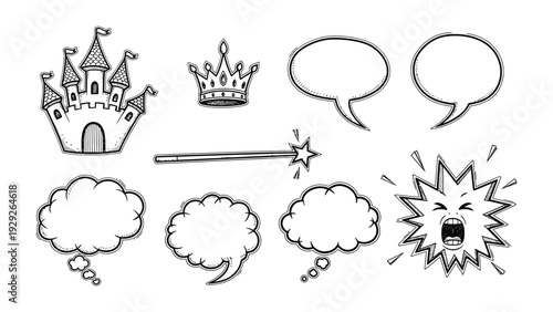 Fairytale Elements: A collection of charming fairytale elements, from a majestic castle to a sparkling magic wand, crown and speech bubbles.