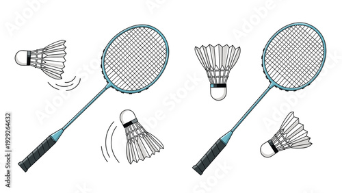 Set of badminton rackets and shuttlecocks in motion illustrated in a clean and detailed colored line art style.