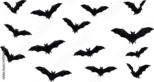 Spooky bat silhouette collection featuring diverse flying poses of wild nocturnal animals isolated on a clean white background for Halloween vector design projects
