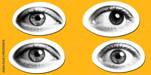 Set of human eye sticker icons in retro halftone stipple style, various eye expressions for vision, isolated