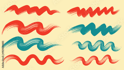 Collection of vibrant wave-shaped brush strokes in red and turquoise with different textures on a beige background.