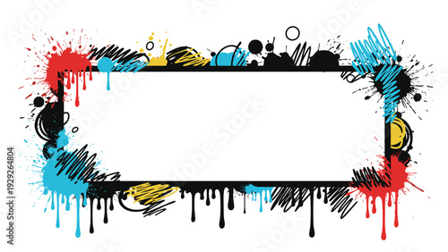 Rectangular frame with messy black paint splatters ink drips and colorful scribbles for a creative grunge design.