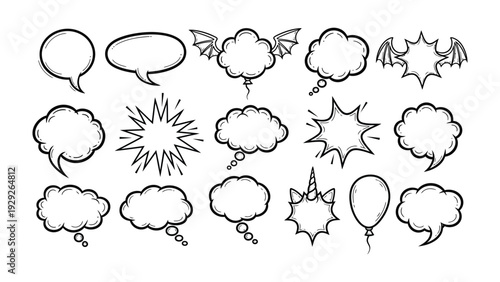 Comic Speech Bubbles: A collection of various comic speech bubbles, perfect for conveying thoughts, exclamations, and sounds in a dynamic and engaging manner.
